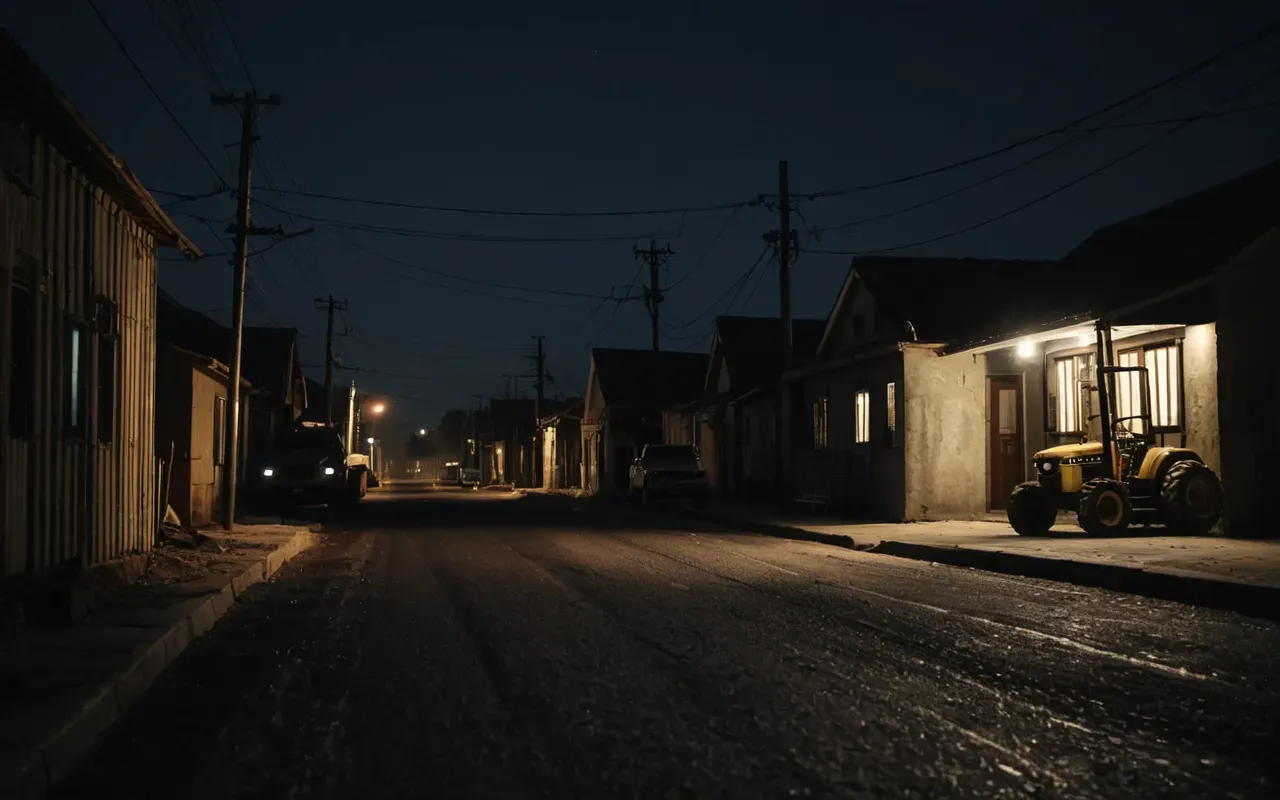 A dark residential street at night with a single lit window facing an empty lot where heavy machinery is faintly visible in the distance under dim sodium lights creating a tense atmosphere of isolation and unease without any text or signage present.