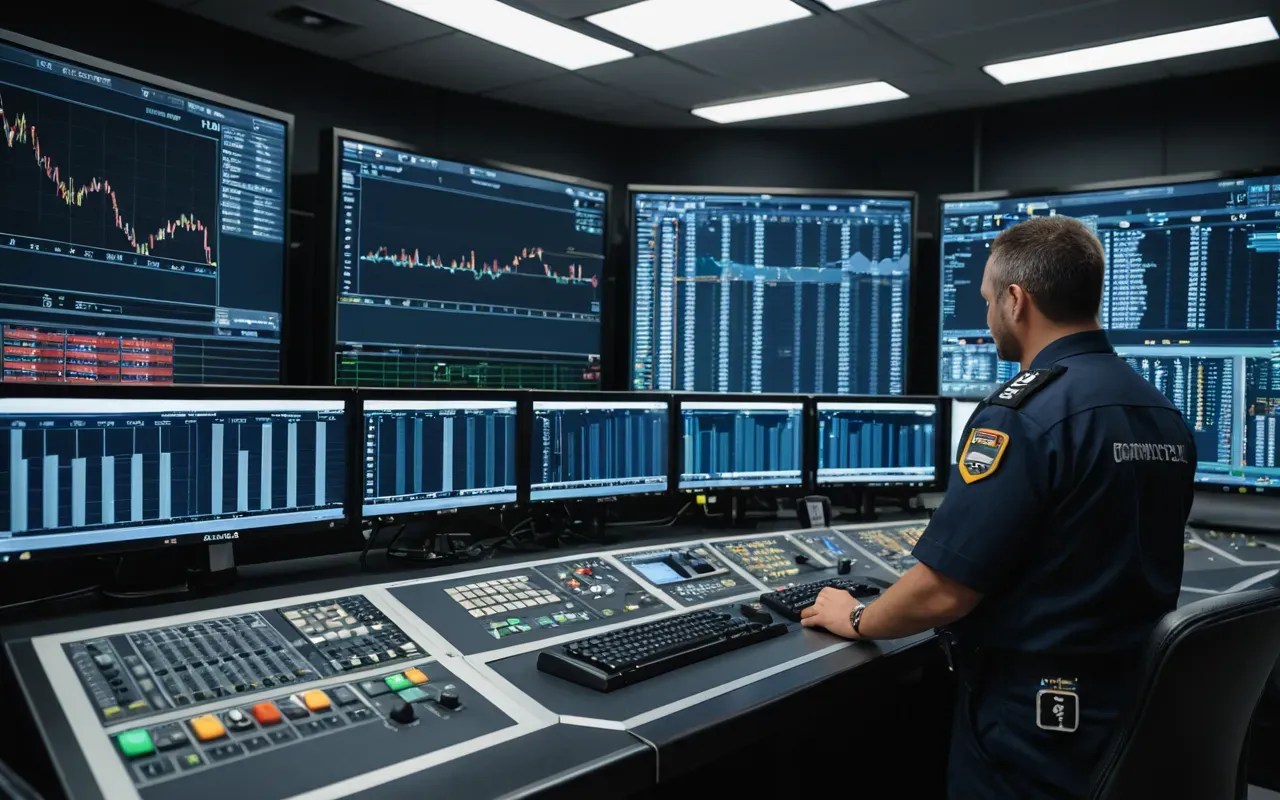 A detailed view of a control room with large screens displaying data graphs and industrial monitoring systems where operators in uniform are managing machinery processes under bright artificial lighting without any readable text on the screens.