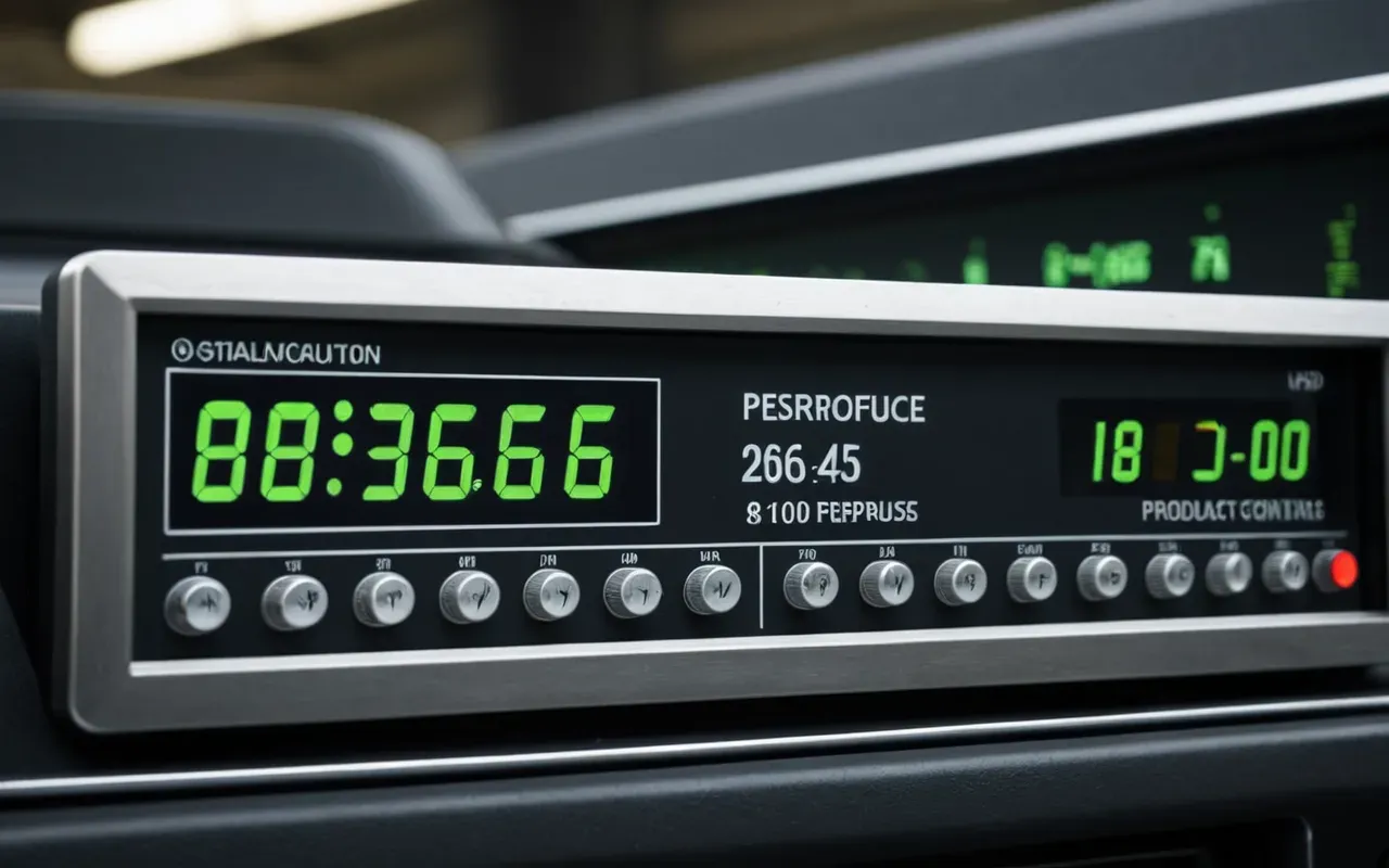 A detailed view of a digital control dashboard showing real time production metrics with green status indicators and analog gauges for pressure and temperature in a clean modern industrial control room setting emphasizing data driven decision making without any readable text or numbers on the screen.