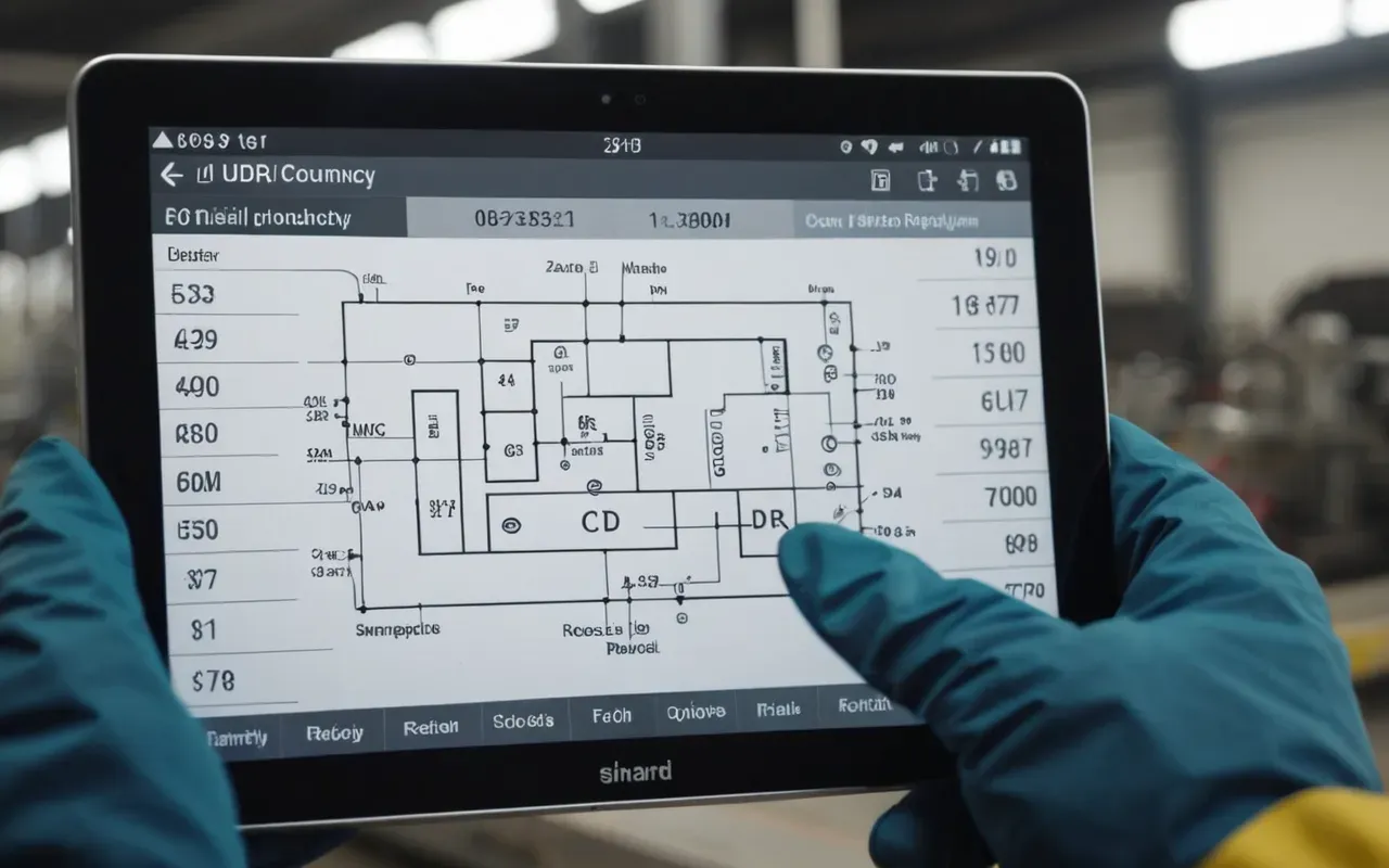 A digital tablet screen showing a simplified industrial layout diagram with highlighted areas, held by hands in work gloves, blurred background, practical setting