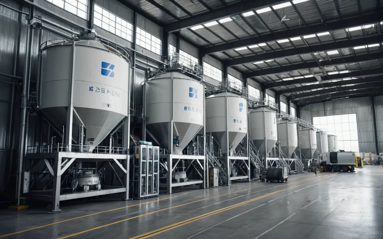 A futuristic automated concrete batching facility with robotic arms moving materials between silos and mixing units in a sterile white industrial environment emphasizing high level technology integration and clean process flow without any visible human figures or textual elements.