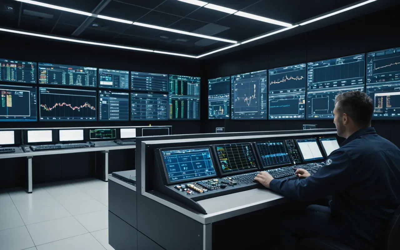 A futuristic control room with large screens displaying real-time data and predictive analytics for industrial equipment, with a technician monitoring the dashboard, emphasizing the role of technology in maintenance