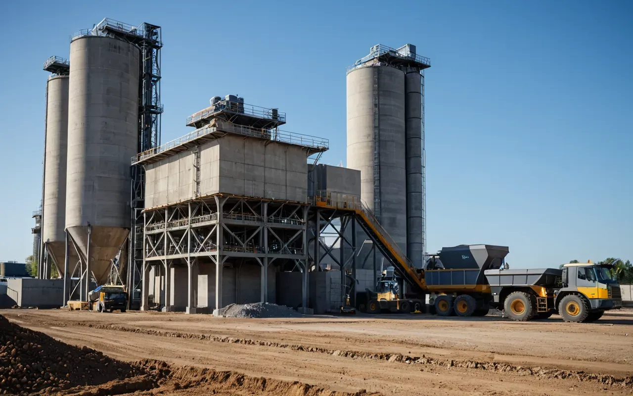 A large industrial concrete batching plant operating at a construction site during the day with clear blue skies and heavy machinery in the background showing modern engineering equipment.