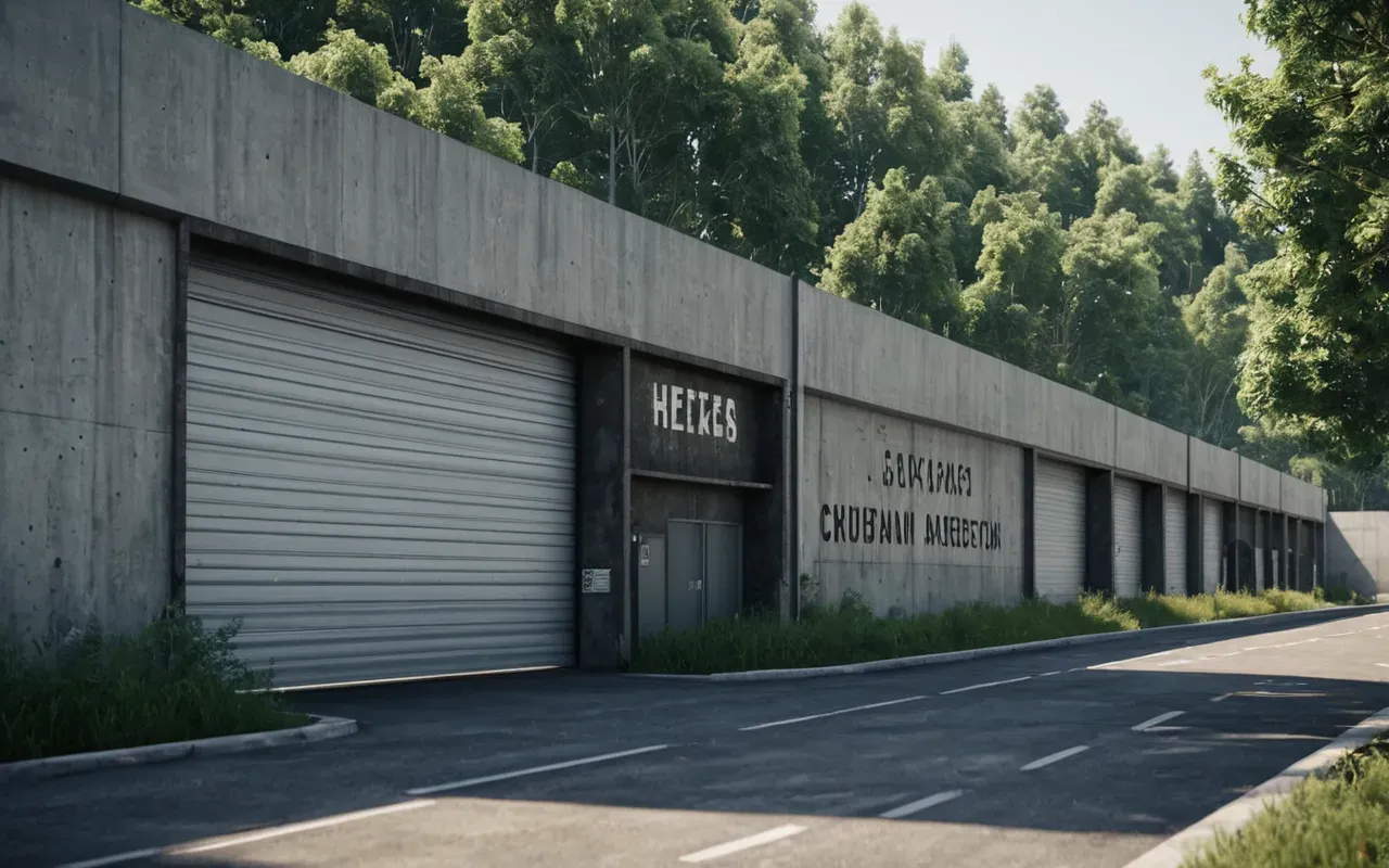 A large modern industrial facility with fully enclosed concrete walls and large sliding doors stands in a suburban area surrounded by green trees under a bright blue sky. The building features clean white panels and no visible windows, emphasizing its sealed nature against the surrounding residential neighborhood.