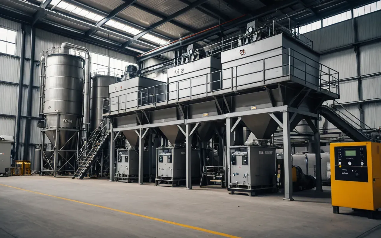 A modern automated concrete batching plant with clean metal hoppers and digital control panels in a well-lit industrial facility with organized storage bins and no people or text visible