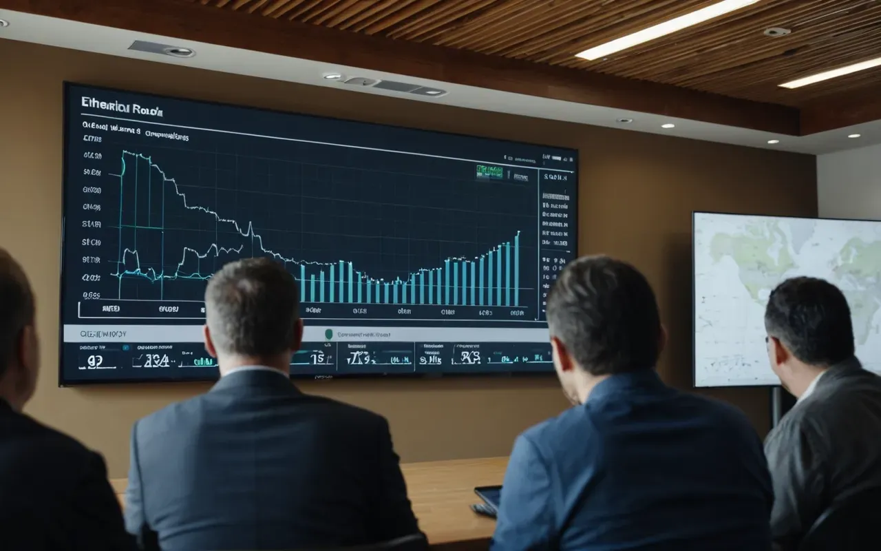 A modern community meeting room filled with people looking at charts and graphs on a large screen displaying data trends related to environmental metrics in a well lit professional setting with no visible text or logos.