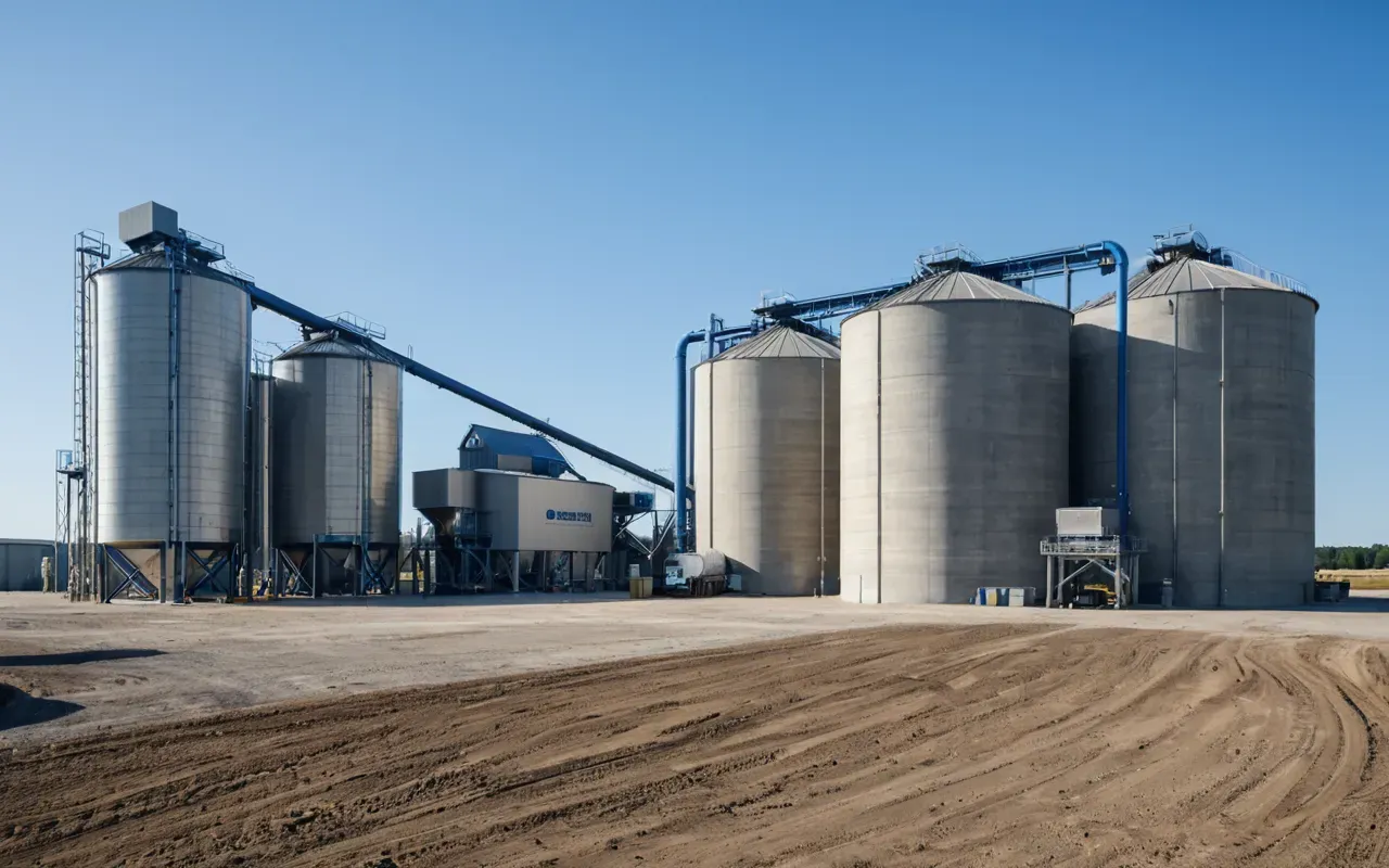 outdoor concrete batching plant A modern concrete batching facility with large silos and automated mixing drums under a clear blue sky. The scene shows organized industrial equipment in an open outdoor space with natural daylight.