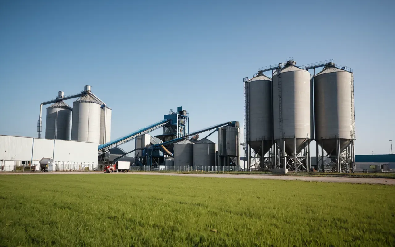 A modern concrete batching plant facility with large silos and mixing units, set in a clean industrial yard with green grass and a clear sky