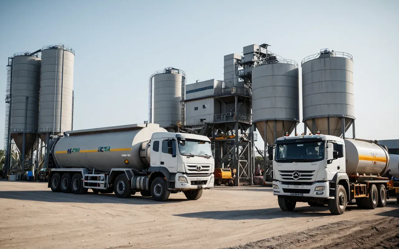 A modern concrete batching plant with large hoppers and mixers operating in a bright open-air yard, with trucks waiting to load, showing a clean and efficient industrial setup.