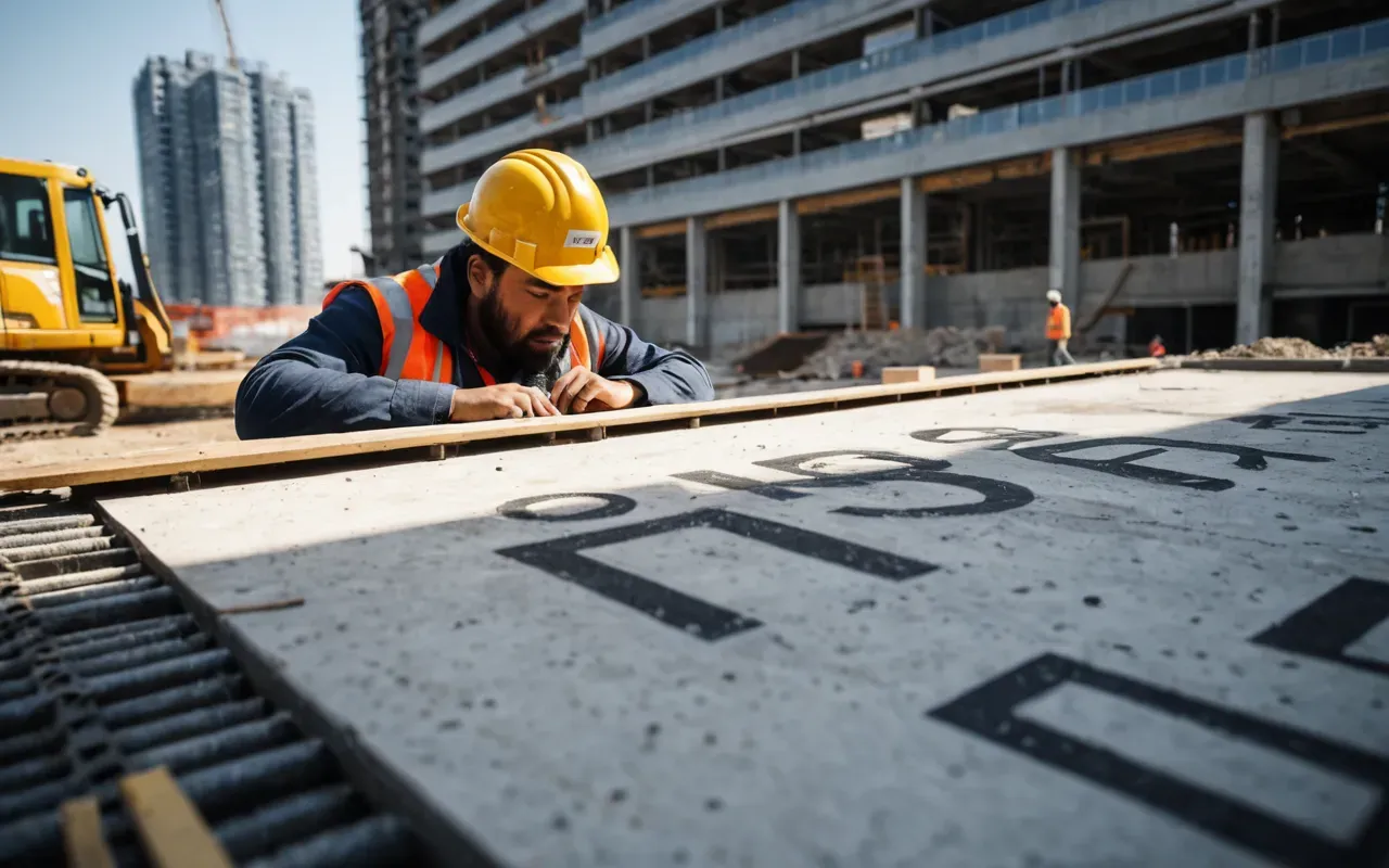 A modern construction site with heavy machinery and workers wearing hard hats under bright sunlight. The focus is on the structural framework of a high-rise building.