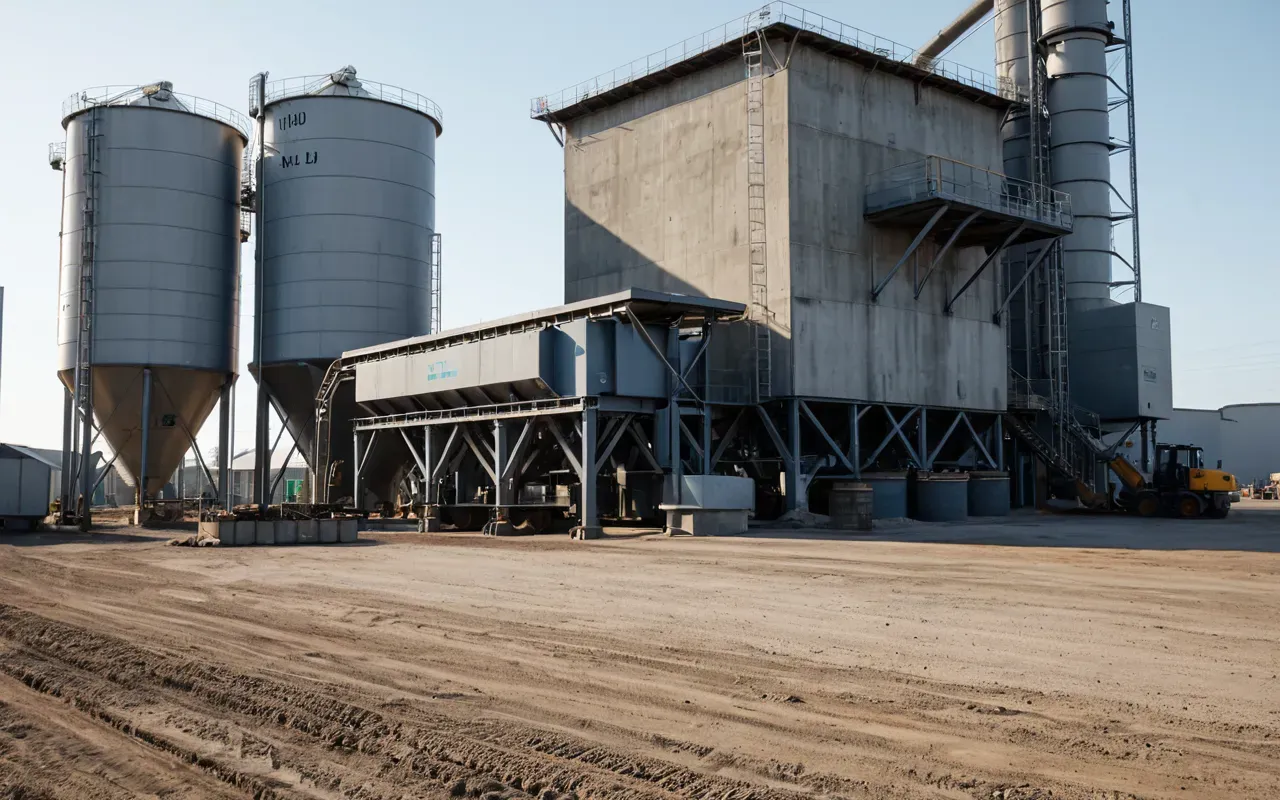 A modern industrial concrete batching plant with large hoppers and mixing drums situated on a flat construction site under bright daylight showing heavy machinery and safety barriers without any visible text or signage.