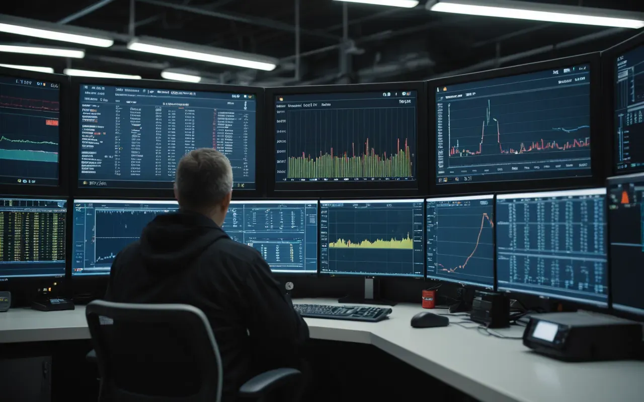 A modern industrial control room with large monitors displaying data graphs and a single operator sitting at a desk in soft ambient lighting.