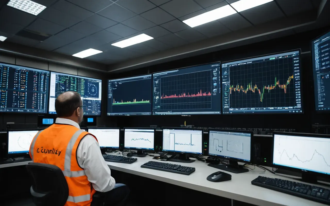 concrete plant control room A modern industrial control room with multiple large monitors displaying real-time data graphs and batch status indicators. Operators in high-visibility vests stand near a central console, observing the screens in bright, cool white lighting.