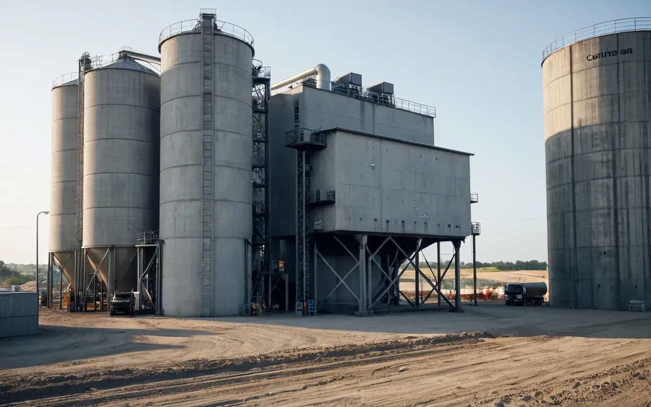 dry batching plant A modern, industrial dry concrete batching plant situated on a flat, cleared construction site, featuring large steel silos and a control booth, bathed in bright daylight with a clear blue sky, no text or signage visible, emphasizing clean lines and industrial efficiency.