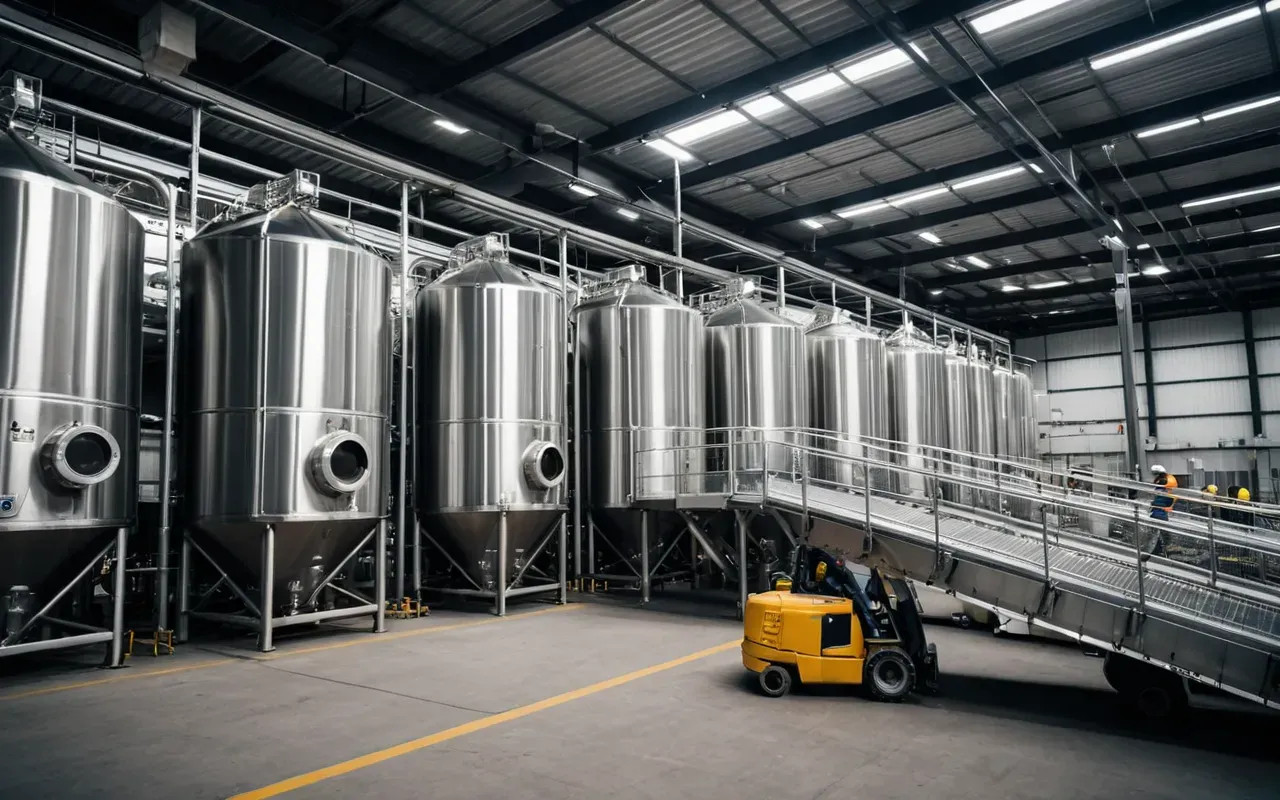 industrial dry mortar plant A modern industrial facility interior featuring large stainless steel silos and automated conveyor belts under bright overhead lighting with workers in safety gear monitoring digital control panels without any visible text or signage.