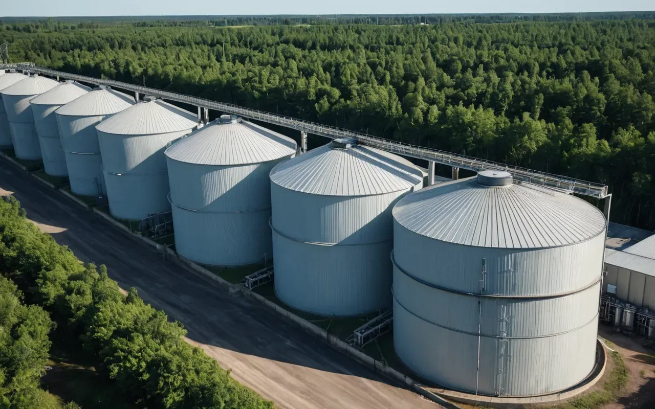 A modern industrial facility with large storage silos and conveyor belts surrounded by lush green trees under a clear blue sky.