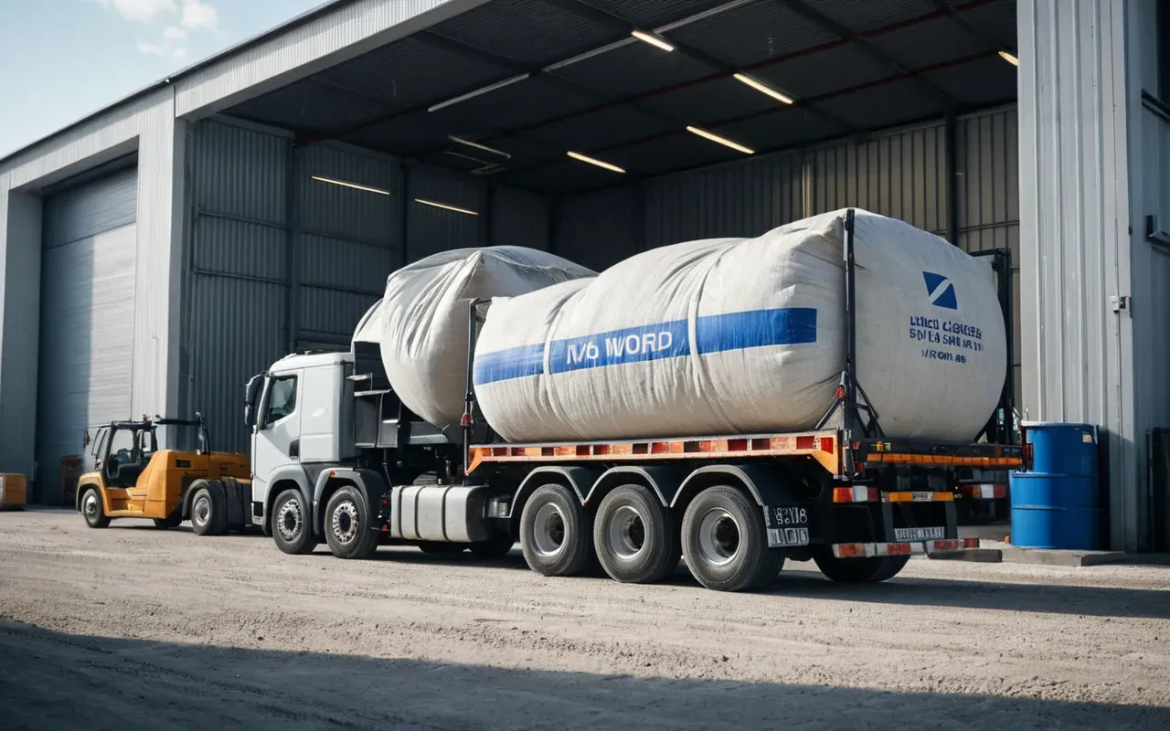 A modern logistics truck loaded with large dry concrete mixing bags parked on a clean paved yard next to a sleek industrial storage silo structure under clear blue skies highlighting efficient material handling and transport readiness without any visible branding or text.