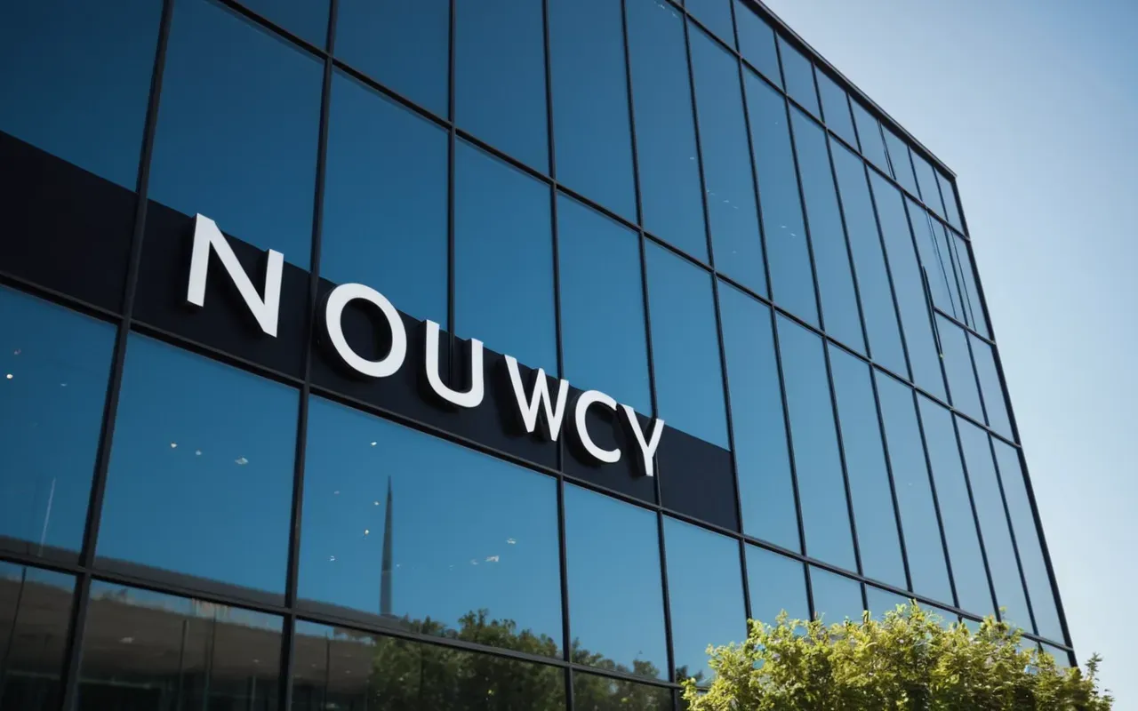 A modern office building with large glass windows reflecting a clear blue sky. The architecture is sleek and minimalistic.