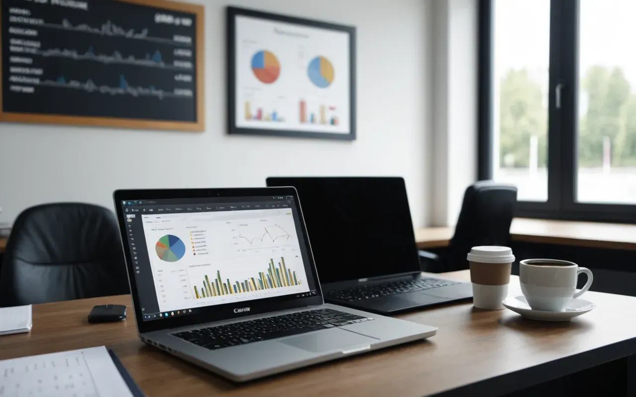 A modern office desk with a laptop displaying a digital inventory dashboard, showing charts and lists of parts, with a coffee cup and notebook nearby, suggesting efficient management