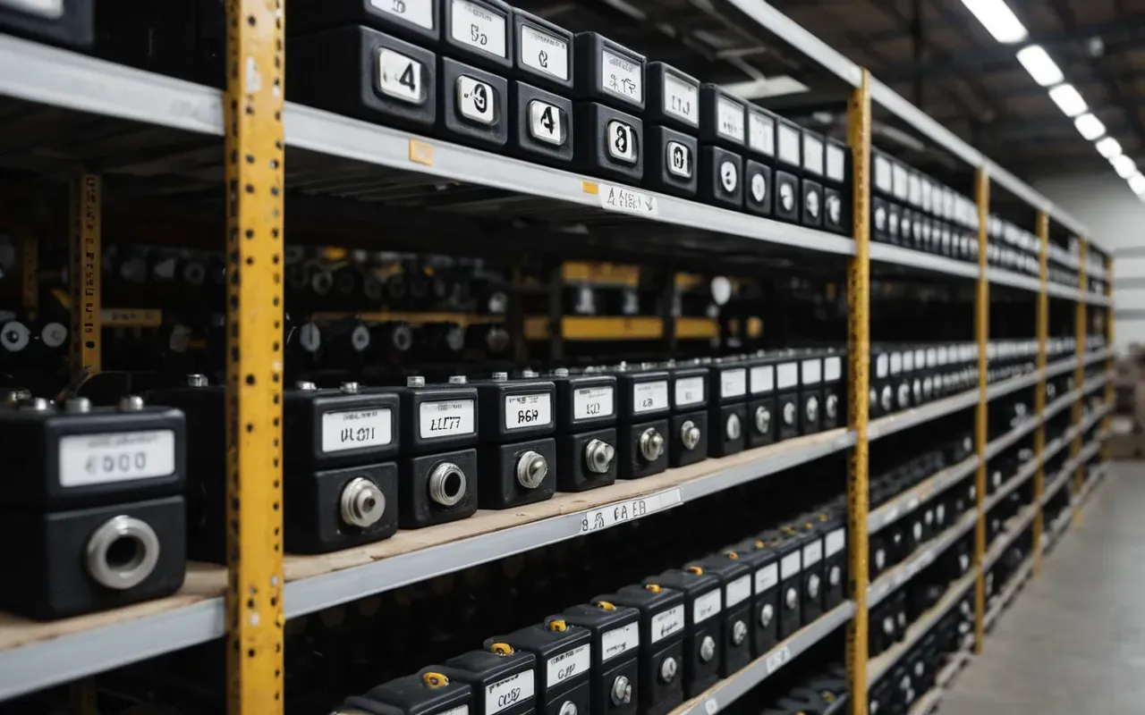 A neat shelf in a clean warehouse holding various industrial spare parts including belts, valves, and electrical components, organized and labeled, ready for immediate use
