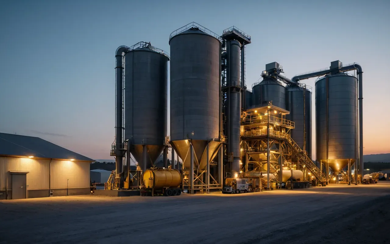 A realistic wide shot of a modern industrial concrete batching plant facility at dusk with warm artificial lighting highlighting the silos and mixing drum machinery against a dark sky background emphasizing scale and precision engineering details without any visible text or signage.