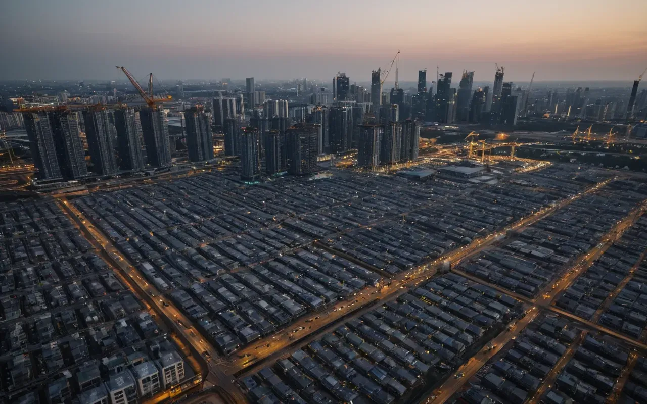 A vast aerial view of a modern city skyline at dusk with numerous high-rise buildings under construction and cranes silhouetted against the sky.