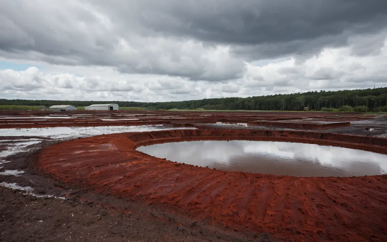 A vast industrial storage pond filled with thick rust-red sludge under a cloudy sky, with large earth mounds in the background and no people visible, emphasizing the scale of waste accumulation.