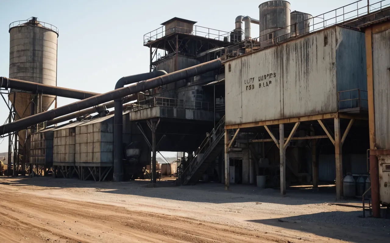 A weathered industrial concrete batching plant sitting in a dusty outdoor yard with rusted hoppers and old conveyor belts under bright daylight with no people present and no visible text or signage