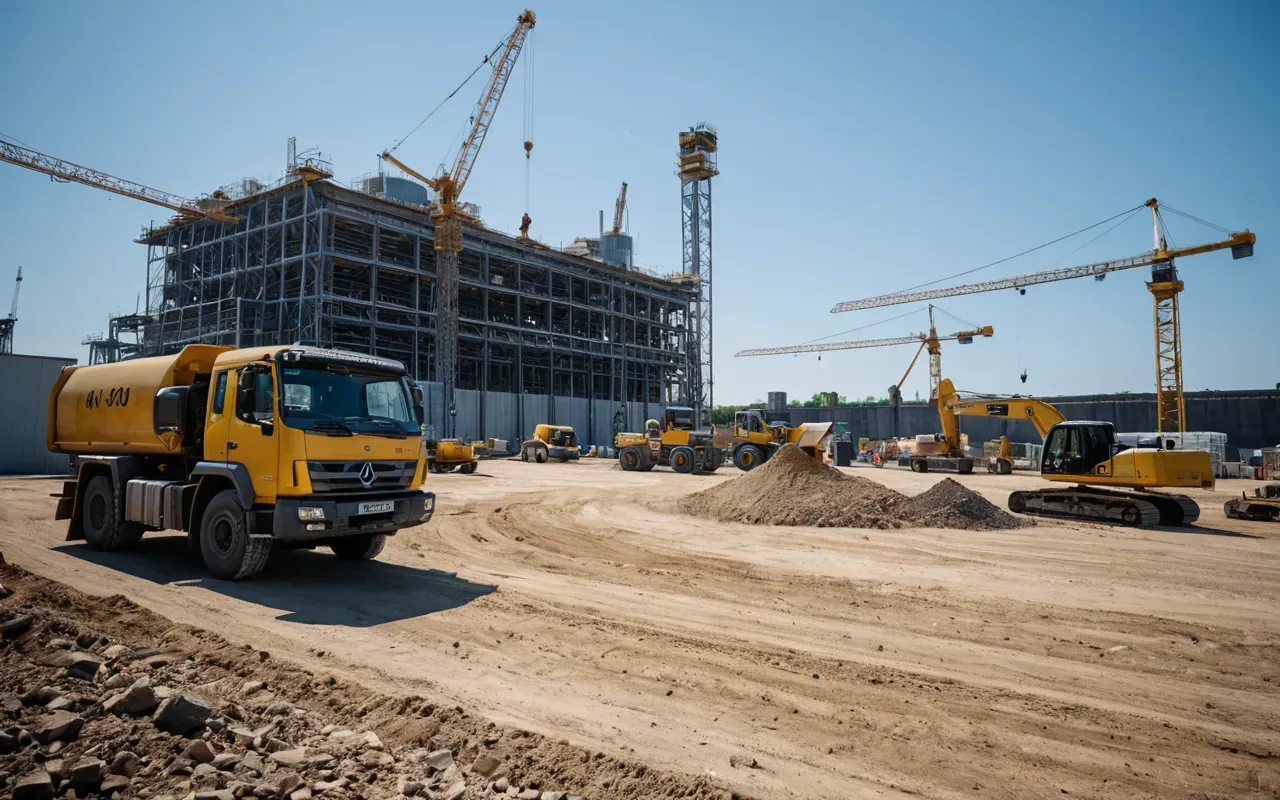 A wide angle shot of a large construction site with multiple cranes and heavy machinery operating near a concrete mixing facility under clear blue skies showing the scale of industrial operations without any visible text or logos.