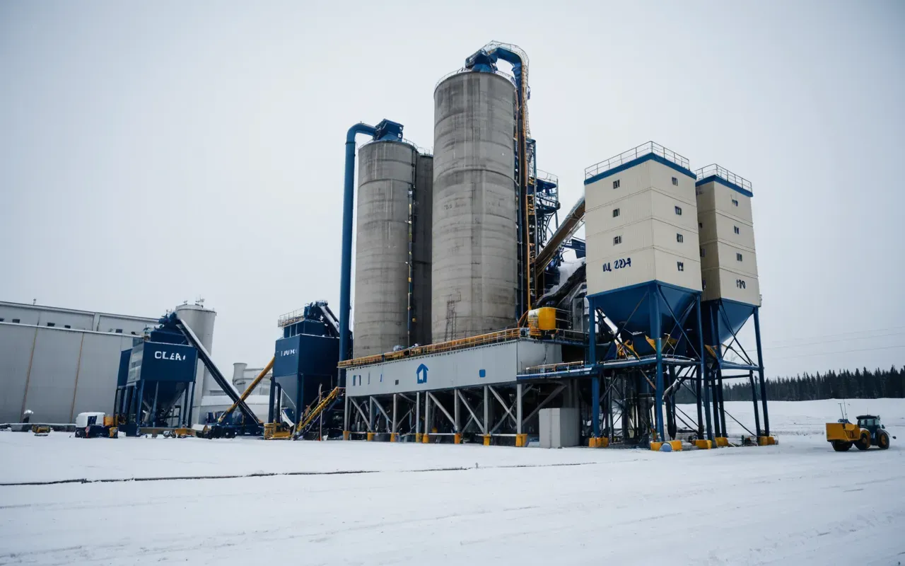 A wide-angle shot of a modern concrete batching plant facility operating in a snowy industrial landscape, with snow piled around the base of the machinery and clear winter skies above, highlighting the contrast between the warm, active industrial equipment and the frozen outdoor environment without any visible text or signage.
