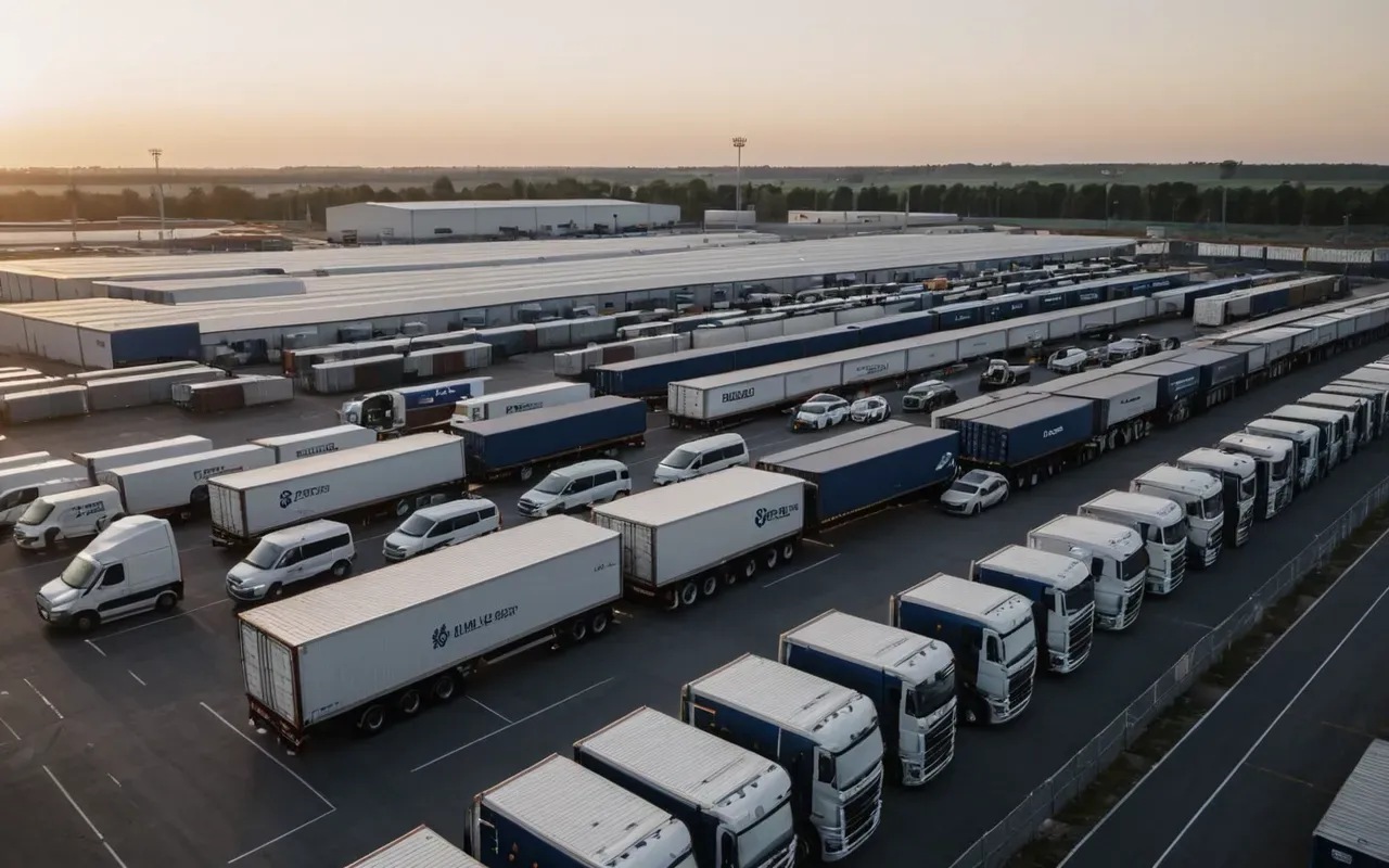 A wide angle shot of a modern logistics yard with several large trucks parked in neat rows next to a sleek industrial building. The scene is bathed in warm evening light that casts long shadows across the paved ground, conveying a sense of order and efficiency.