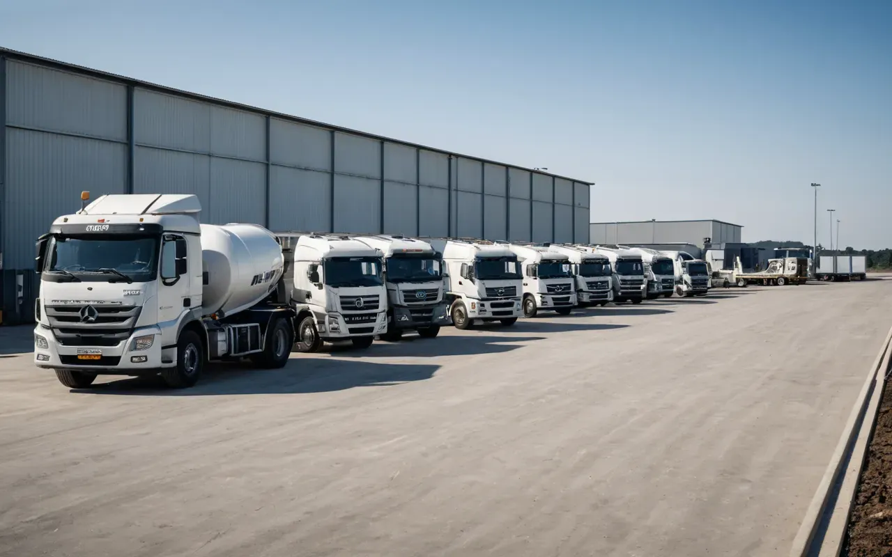 A wide angle view of a modern concrete batching facility with trucks lined up at the loading bay under a clear sky.