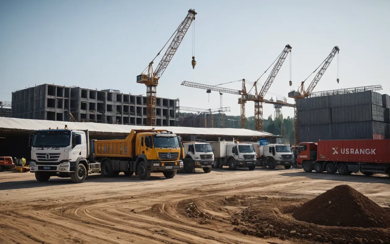 active concrete construction site A wide shot of a busy construction site with cranes and trucks moving materials. The lighting is bright daylight, showing active industrial operations in an organized urban development area.