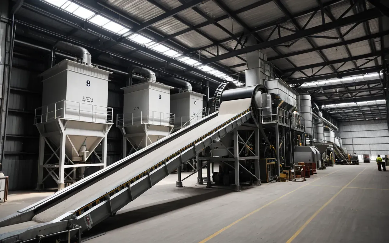 A wide shot of a modern concrete batching plant interior with large metal hoppers and conveyor belts. Dust-free environment with clean industrial surfaces. Workers in high-visibility vests monitor control panels under bright fluorescent lights.