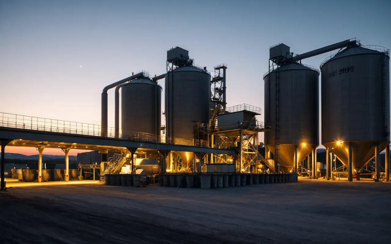 A wide shot of a modern industrial concrete batching plant at dusk, with lights illuminating the silos and mixers, emphasizing the scale of the operation and the potential for idle time