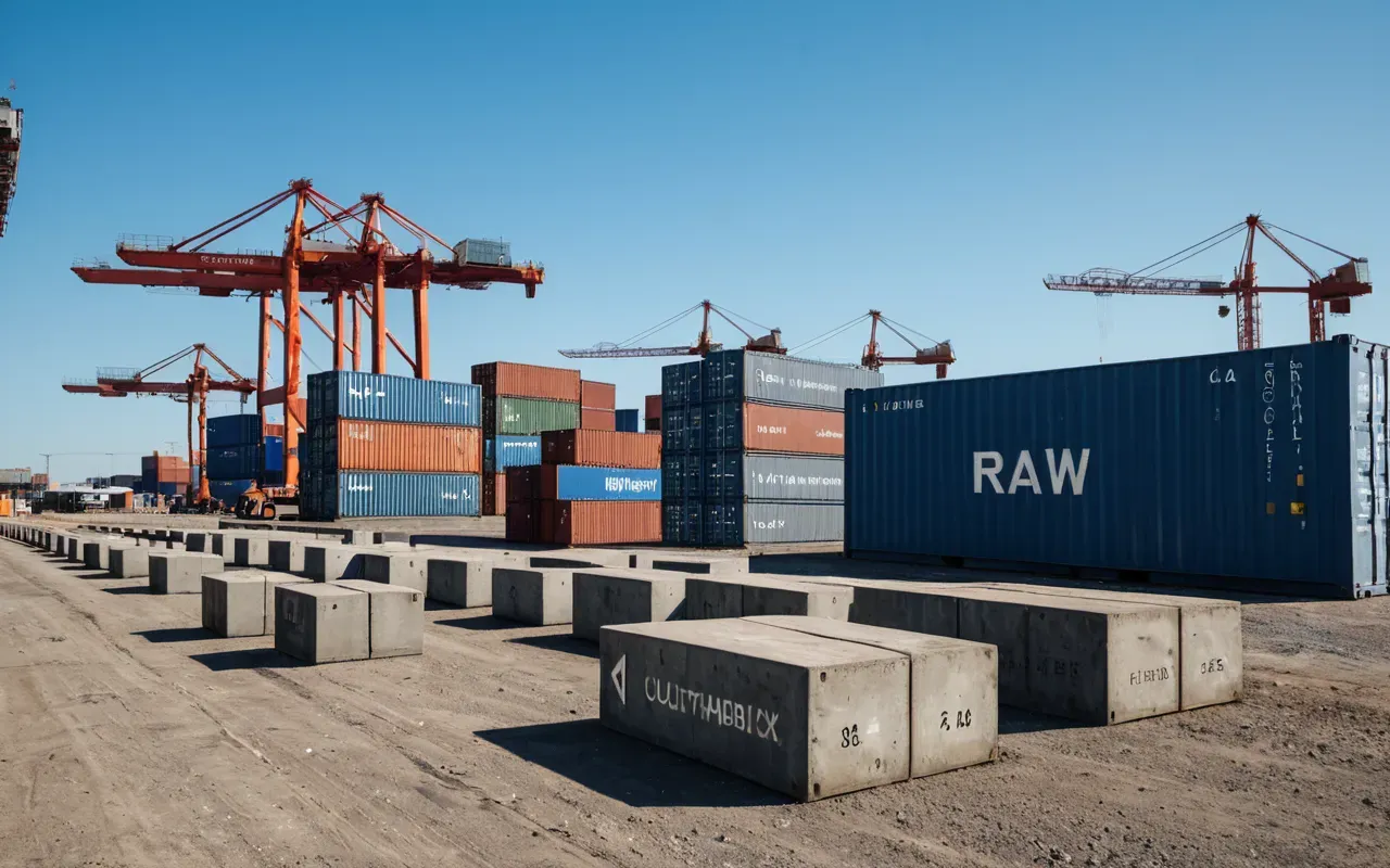 construction material logistics A wide shot of an outdoor industrial yard featuring stacked concrete blocks and large shipping containers under a clear blue sky with cranes in the distance showing logistics operations without any visible company logos or written text on the structures.