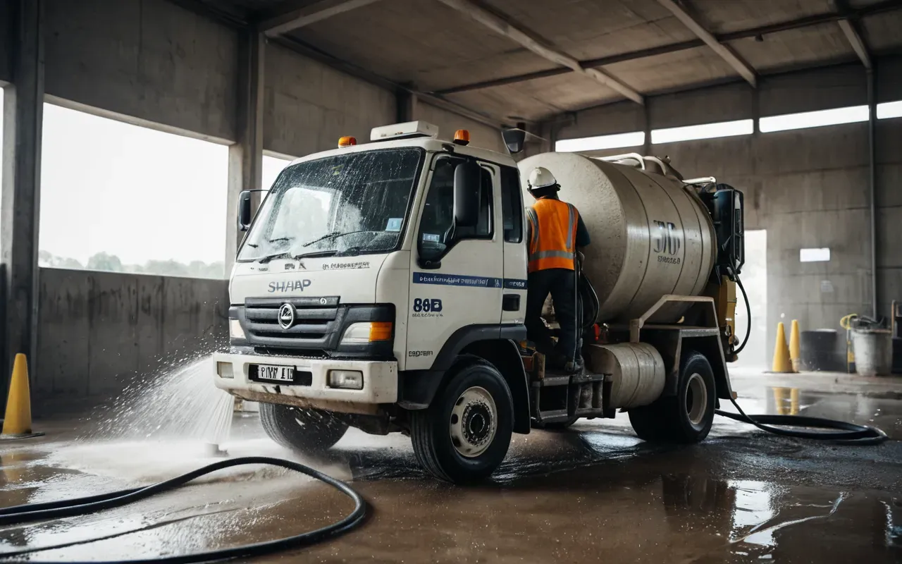 A worker in protective gear using a pressure washer to clean the interior of a large concrete mixer, with water spraying and dust being removed, emphasizing the importance of regular maintenance