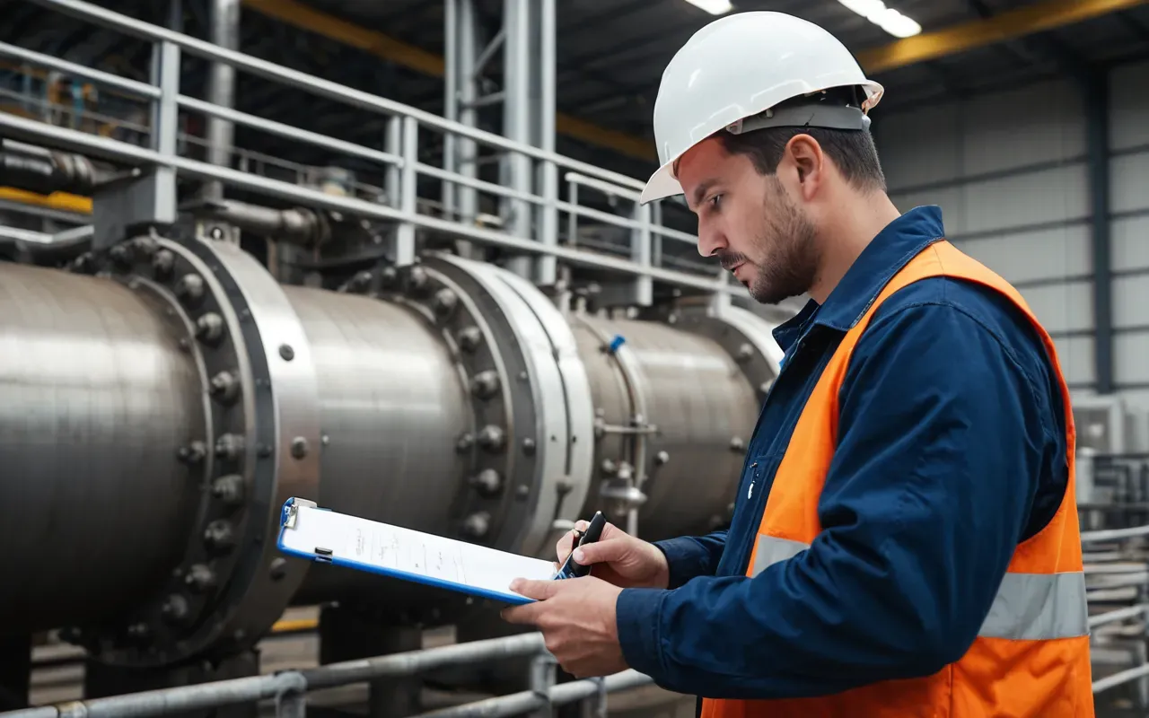 A worker in safety gear inspecting a large industrial valve with a clipboard, focused expression, bright clean facility background, professional photography style