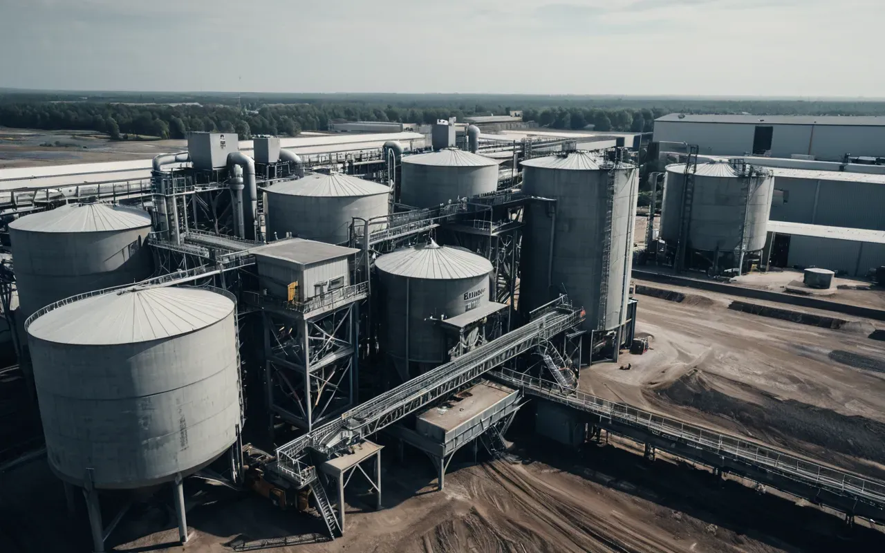 Aerial view of an industrial concrete mixing station with multiple hoppers and discharge chutes, grey sky above, organized layout, high contrast tones