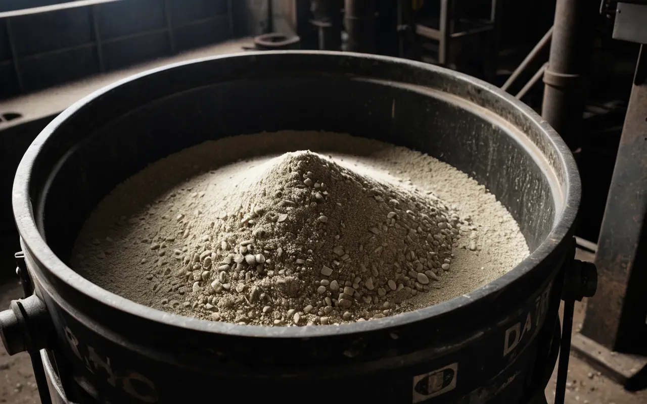 Close-up of a heavy industrial mixer drum interior showing signs of wear and dust accumulation under harsh artificial lighting with high contrast shadows emphasizing texture details.