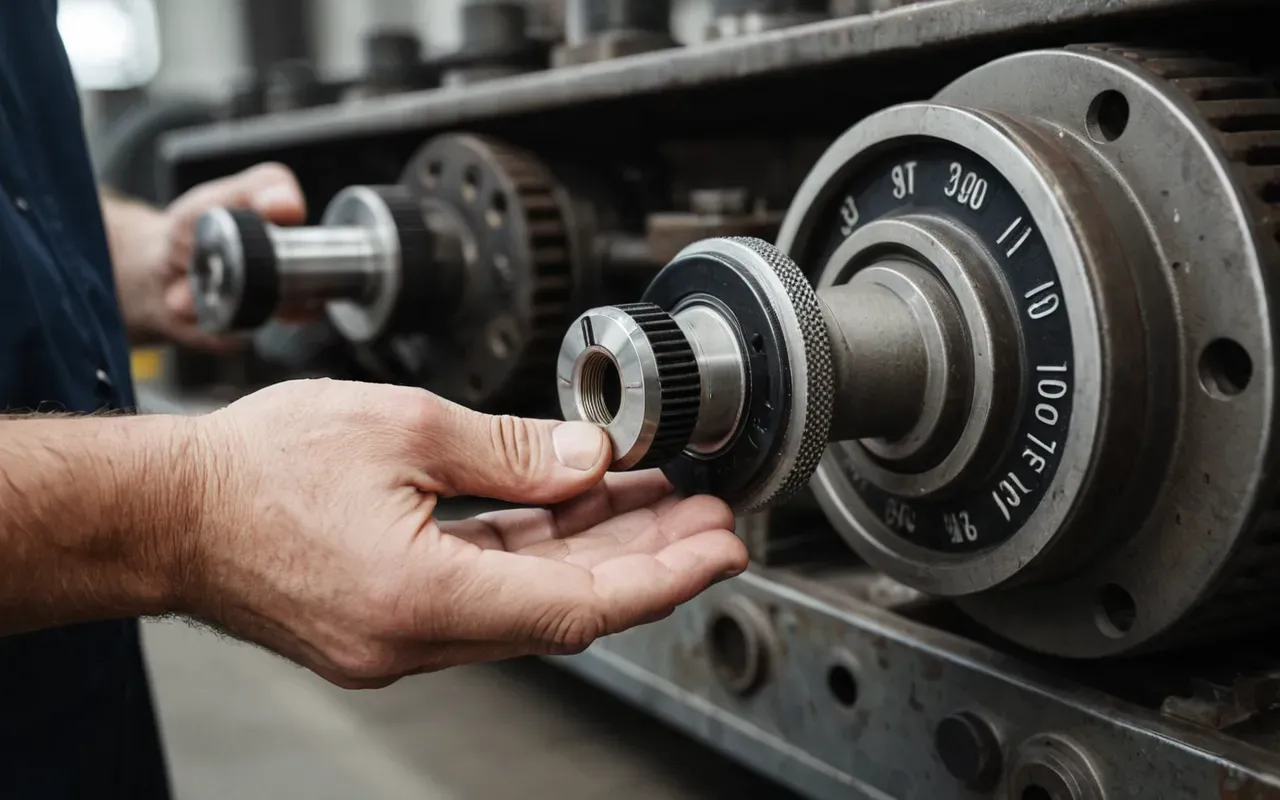Close up of a technician's hands holding a worn mechanical valve component against a blurred background of industrial machinery, highlighting the importance of spare parts