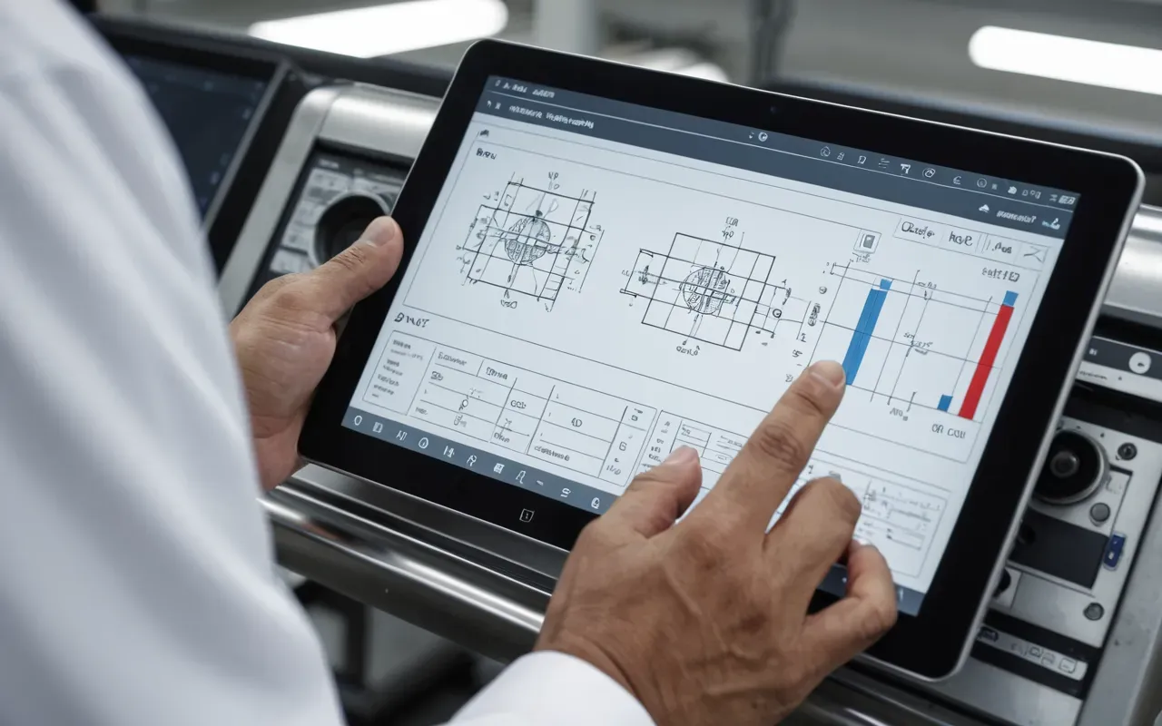 Close-up of an engineer's hands holding a tablet displaying a detailed technical blueprint of an industrial machine, bright office lighting