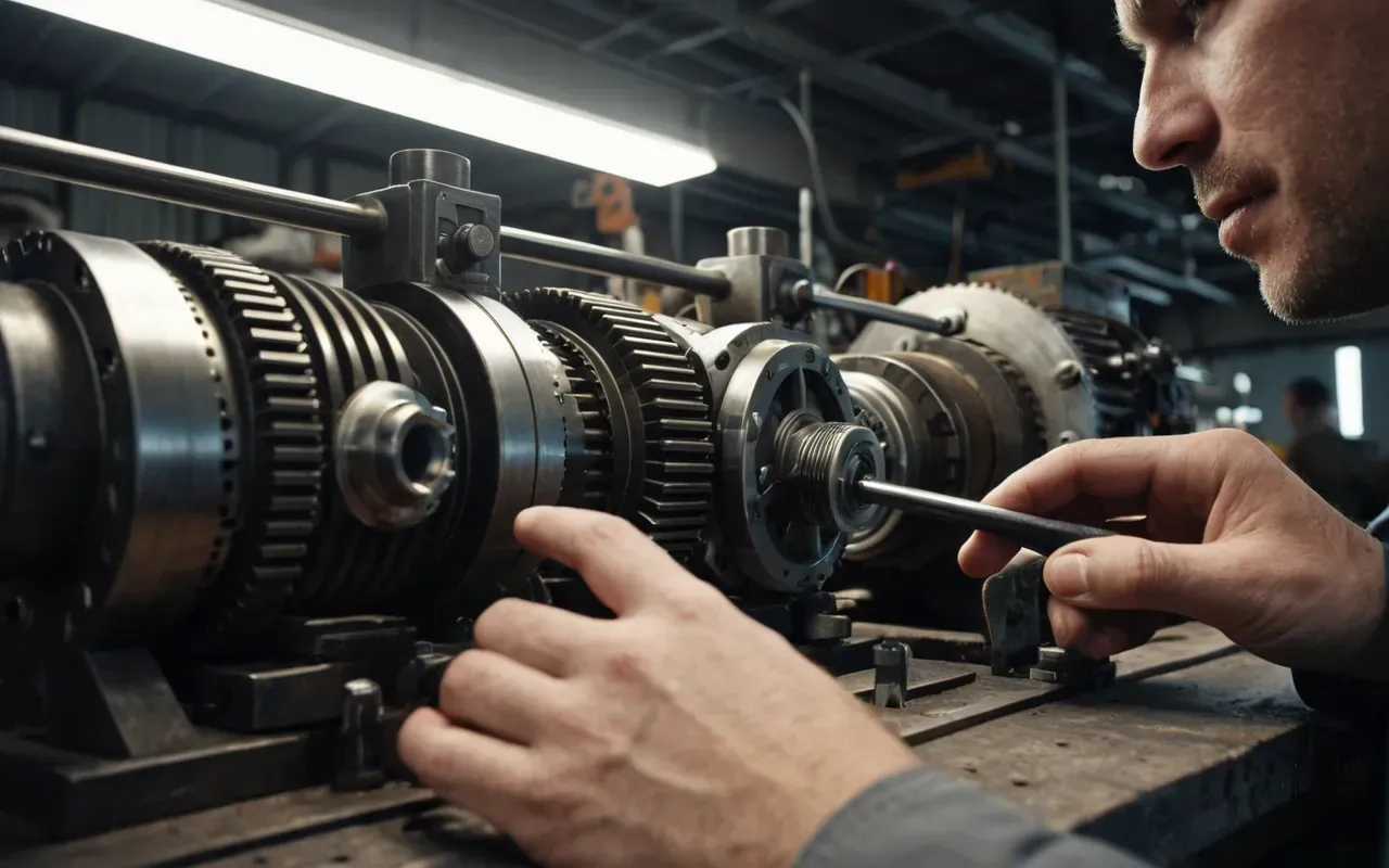 Close-up of an engineer's hands inspecting a complex gearbox mechanism with tools visible in the background under bright workshop lighting highlighting metallic textures.