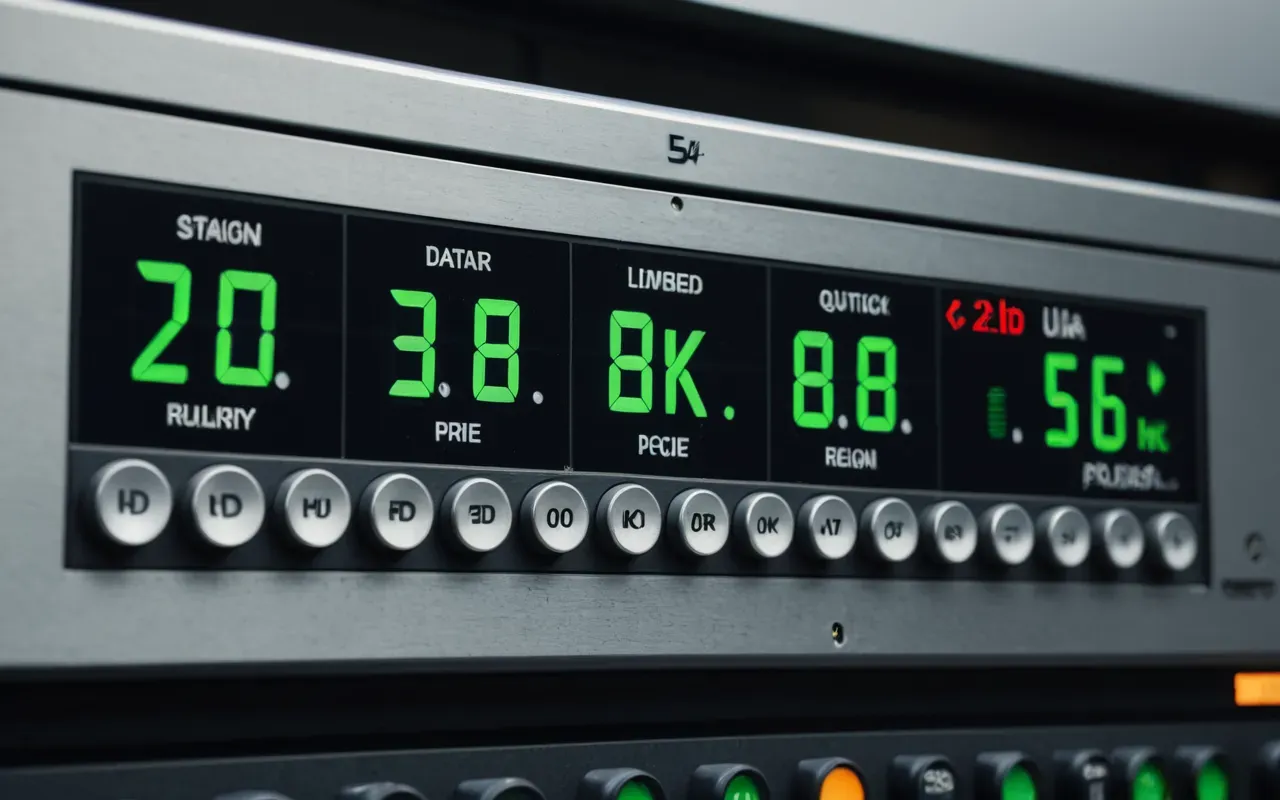 Close-up of industrial control panel with various buttons and digital displays showing numerical values in a clean modern setting