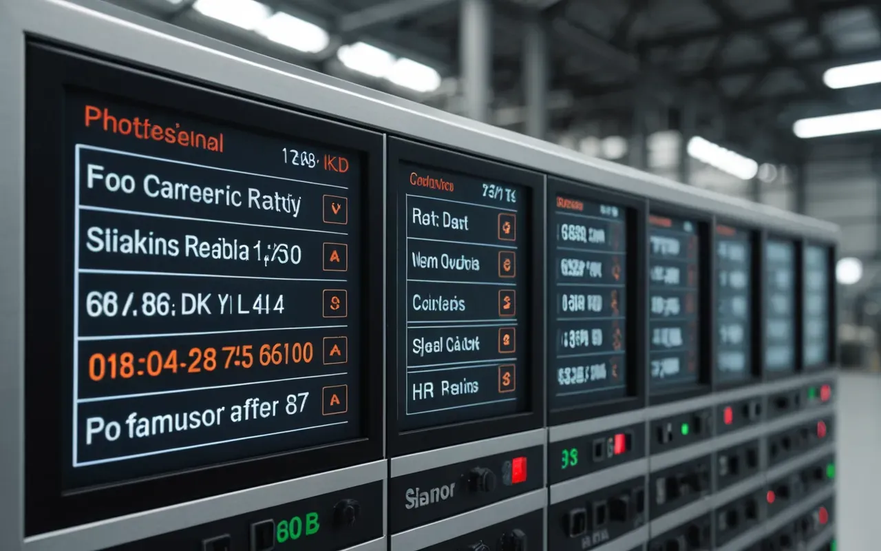 Close-up of industrial control panels with digital screens showing process data in a clean modern factory environment.