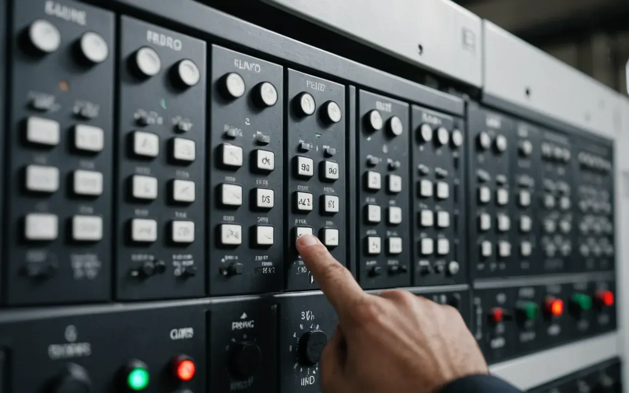 industrial batching controls Close-up of industrial electrical panels with neatly organized wiring and control buttons. A technician's hand points to a specific component while wearing protective gloves in a well-lit workshop environment.