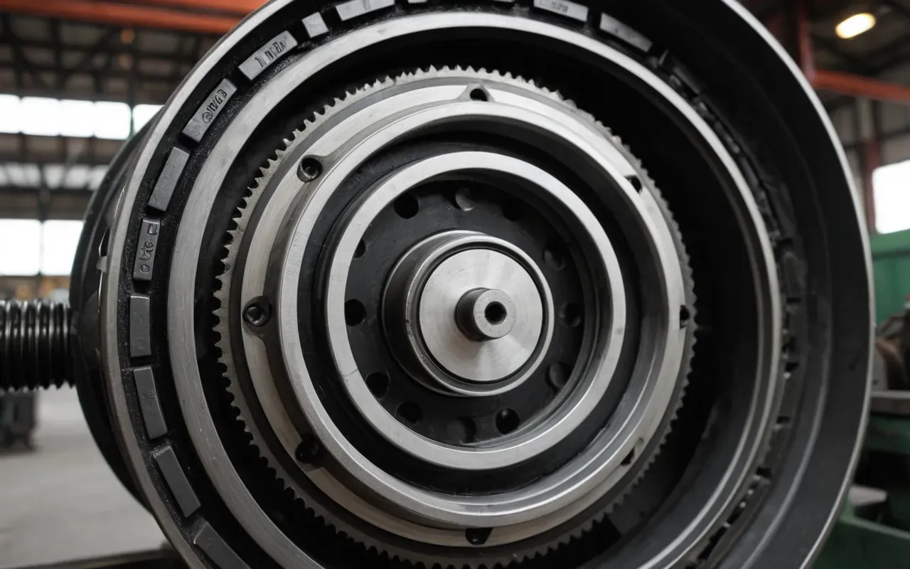 Close-up of metal gears and belts in motion inside an industrial machine housing, bright workshop lighting, sharp mechanical details, dynamic angle
