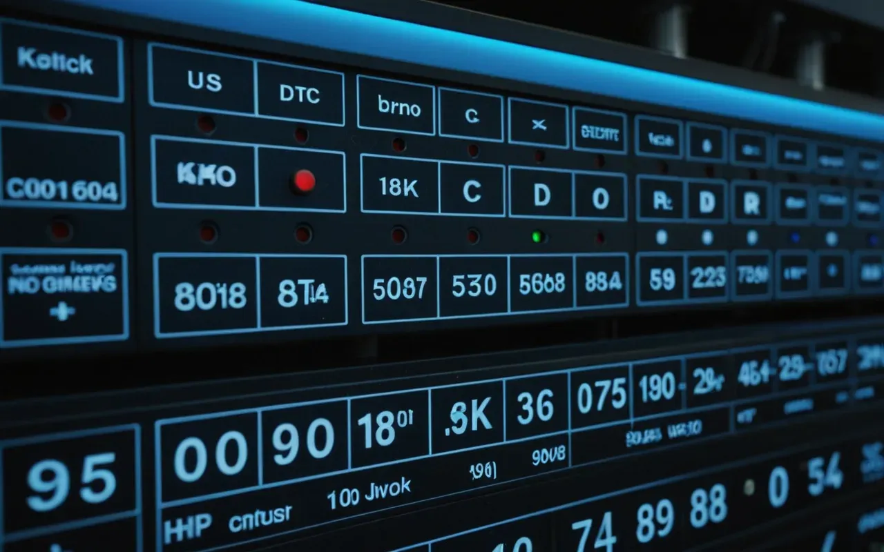 Close up shot of complex industrial control panel with many switches and digital displays glowing blue in dim lighting, focus on technical details without any readable text or labels
