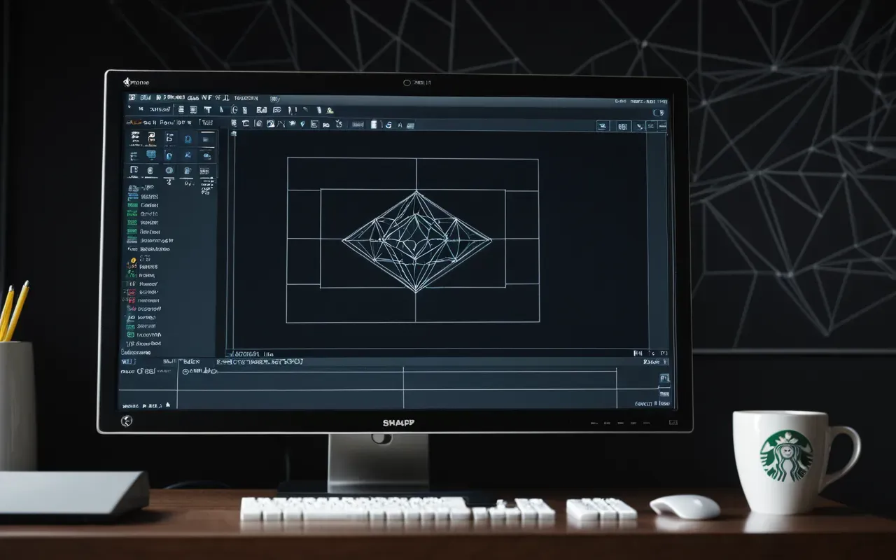Close-up view of a computer monitor displaying complex CAD lines and geometric shapes on a dark background, with a coffee cup nearby, soft office lighting