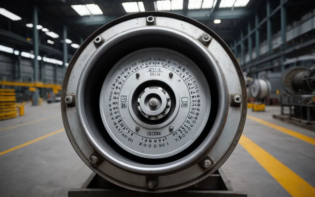 Close-up view of a metal mixing drum rotating inside an industrial facility with visible mechanical gears and safety guards in soft light